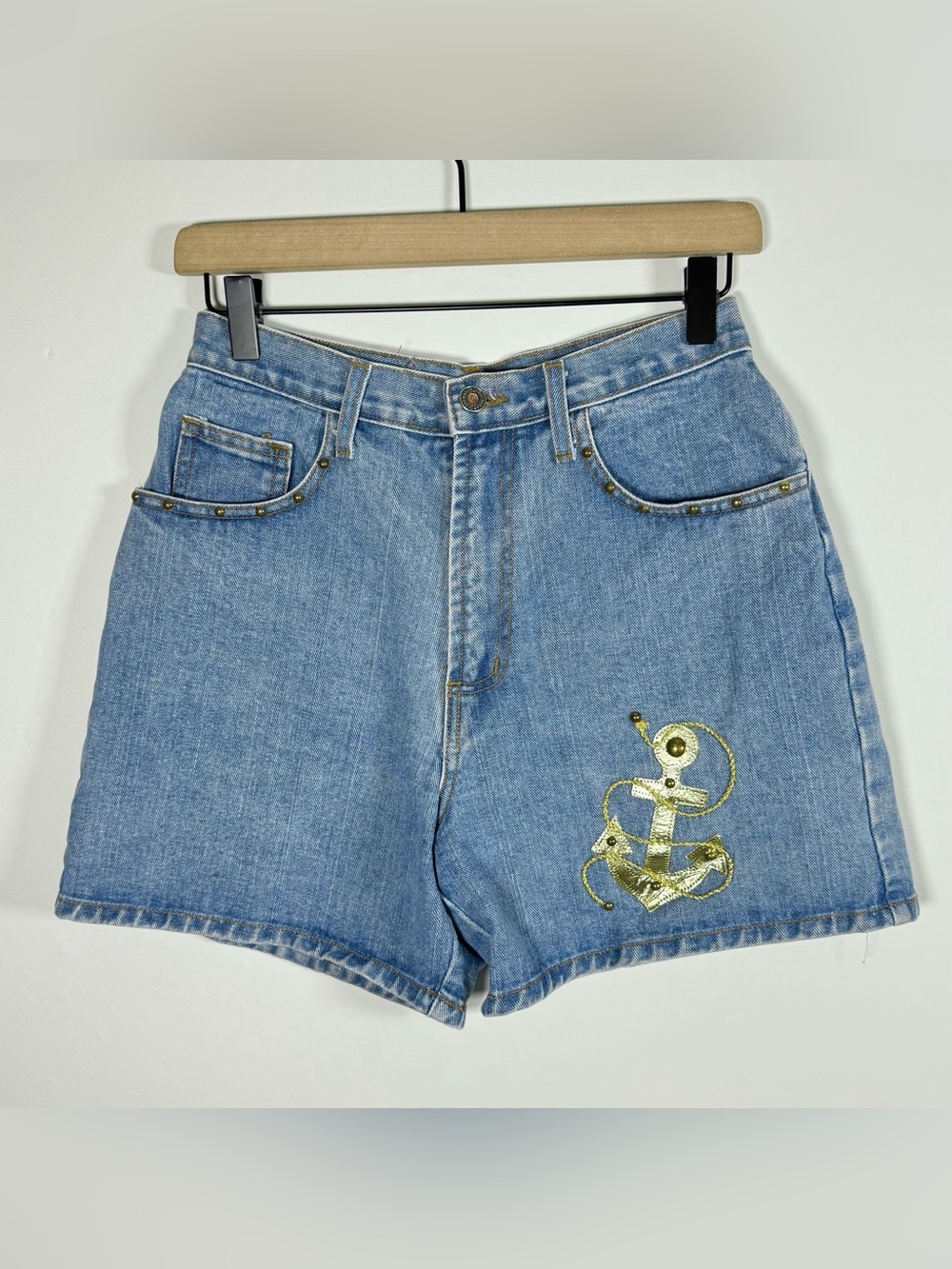 Vintage GAZOZ Extra Label Women’s High Rise Gold Anchor Studded Jean Shorts Sz 7